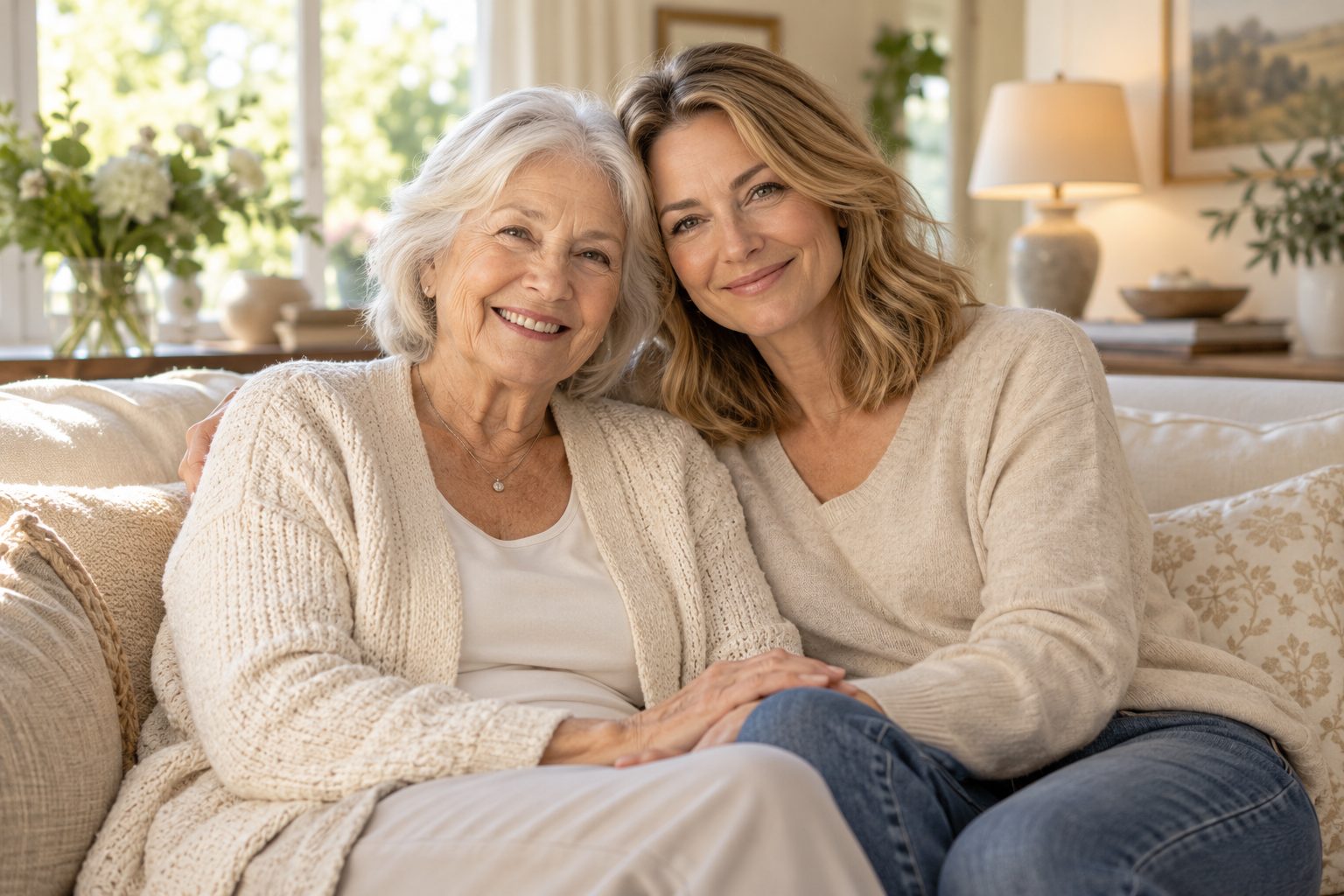 An older woman and her adult daughter smiling together at home